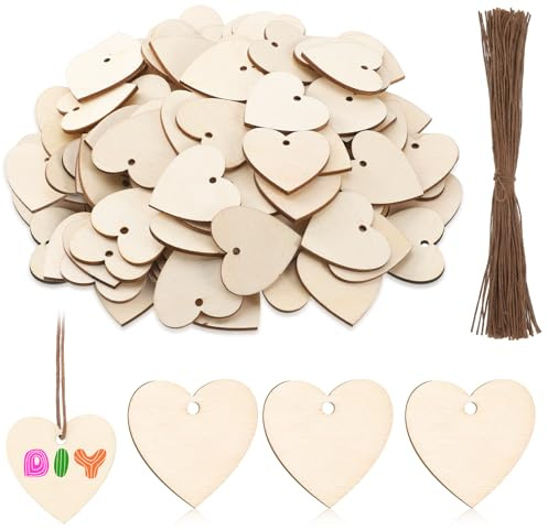 JJUNW 100 Stück Holzherzen zum Beschriften, 3.3 * 3.3cm Holzherzen mit Jute Schnur Holz Herzen mit Loch Blanko Holzanhänger Herz Holzherze Scheiben Hochzeit Deko Für Gästebuch Geschenkanhänger DIY