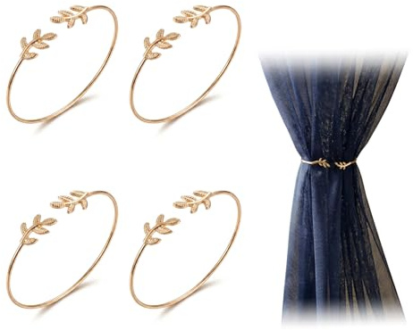 PKYTOTST 4 Stück goldene Raffhalter, Gardinenhalter | Speziell für Tüllgardinen, blattförmige gardinenhalter metall, ohne Bohren, praktische gardinenraffer und vorhang halter