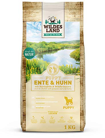 Wildes Land - Nr. 8 Puppy Ente & Huhn - 1 kg - mit Kartoffeln und Wildkräutern - Glutenfrei - Trockenfutter für Hunde - Hundefutter mit hohem Fleischanteil - Hohe Verträglichkeit
