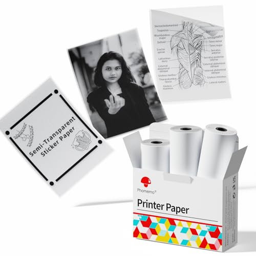 Phomemo Papier - M02/M02Pro/M02S/M03/M03AS/M04S/M04AS Mini Aufkleber Drucker Papier, halbtransparentes Mini Pocket Thermal Pinter Papier mit 50mm x 2.5m selbstklebendes Aufkleber Papier, 3 Rollen