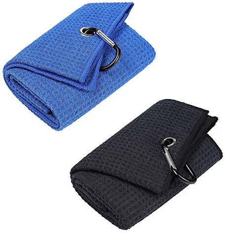 Vetoo Tri-fold Golf Towel | Premium Microfiber Fabric | Waffle Pattern | Heavy Duty Carabiner Clip for Hanging on Golf Club Bag (06.Black+Blue)