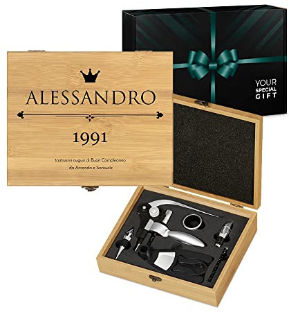 Maverton Set Cavatappi da Vino Deluxe - Kit da Sommelier Personalizzato - Scatola in Legno di bambù + 8 Pezzi di Accessori Vino - Regalo Uomo - Auguri