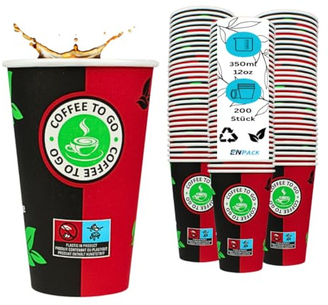 Enpack 200 Kaffeebecher - 300ml/12oz - Einwegbecher - Hitzebeständige To Go Becher - Recycelbar Einwegbehälter für Kaffee/Tee/Kakao - Getränkebecher- Cup