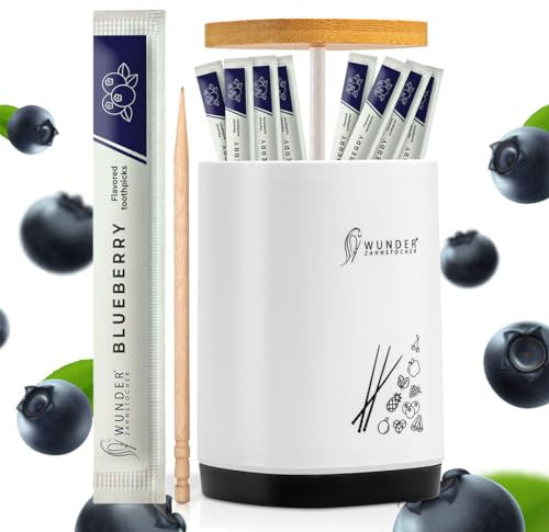 Wunder palillos de dientes con sabor - 100 palillos de dientes individualmente empacados + 1 dispensador de palillos de dientes - Aliento fresco (arándano)