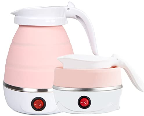 Travel Kettle Electric Small Foldable Portable Kettle,Silicone Collapsible Heating Water Boiler Tea Pot for Camping,Easy for Storage with Separable Power Cord (Pink)