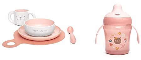 Suavinex Set Svezzamento Bambina, Training Esercitarsi A Mangiare Da Soli, Cinque Pezzi, Confezione Da Uno, Rosa & 401191 Bicchiere Per Bambini Con Beccuccio Rigido E Manici