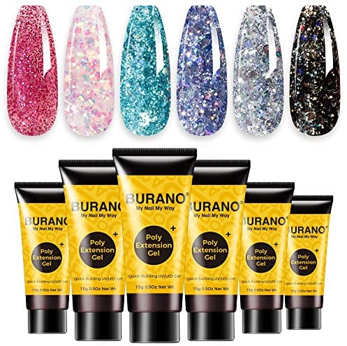 BURANO Poly Gel Nagel Verlängerung Set, 6-Farben Builder Gel für Anfänger/Profis, DIY Starter Kit (Glitter)