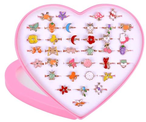 OSDUE Bagues à Bijoux pour Petite Fille, 36 Pièces Dans une Boîte, Réglable, Sans Duplication, Princesse Kit Bijoux Pretend Play Dress up Rings, pour un Cadeau à une Petite Fille Pour Jouer Déguiser