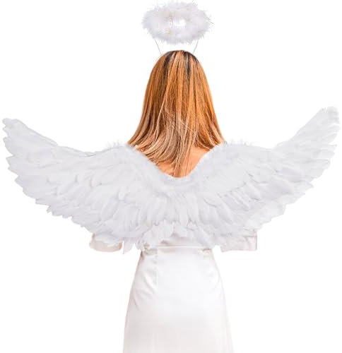 YIMOJOY Alas de ángel Blanco con halo,75CM ángel alas Traje de los niños alas de ángel para Las niñas, Las alas de Plumas de ángel para Halloween Carnaval Fiesta de Disfraces Fiesta