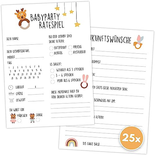 Babyparty Spiele (25 Karten - beidseitig bedruckt) - Deutsch - Babyshower Spiele für Junge und Mädchen - Deko Baby Shower Party Spiel - Comic