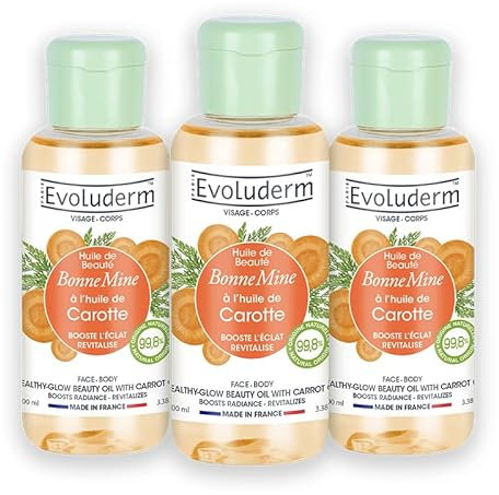 EVOLUDERM – Huile de Beauté Bonne Mine à l’Huile de Carotte - 100 ml - 99,8% d’Origine Naturelle - Végan - Fabrication Française - Lot de 3 x 100 ml