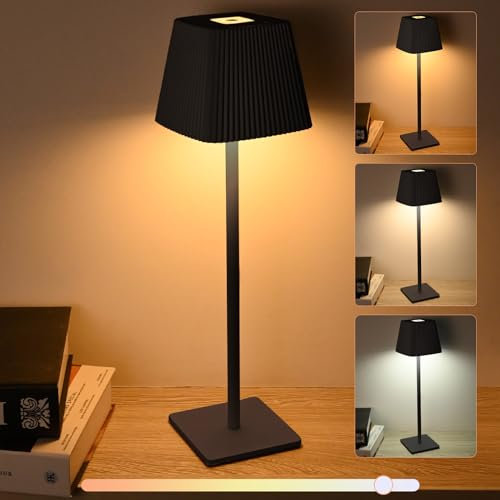 Tischlampe Kabellos, Touch Control Metall Aluminium Dimmbare LED Tischleuchte mit Akku Dimmbar Warmweiß 2700K-4000K Tischlampe für Schlafzimmer Arbeitszimmer Terrasse Restaurant Dekoration (Schwarz)