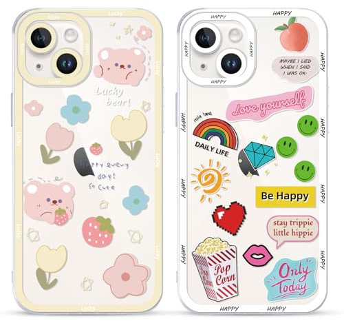 Yoedge 2 Stück Happy Bär Blumen Aesthetic HandyHülle für iPhone 15 Hülle 6,1, Transparent Smile Muster Design Kameraschutz Schutzhülle für iPhone 15 Case Mädchen Frauen Kawaii Cover