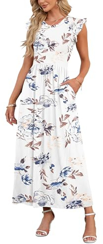 AUSELILY Women Casual Maxi Plus Size Summer Dresses Crew Neck High Waist Dress Ruffle Sleeve Dresses for Wedding Floral White All, XXL