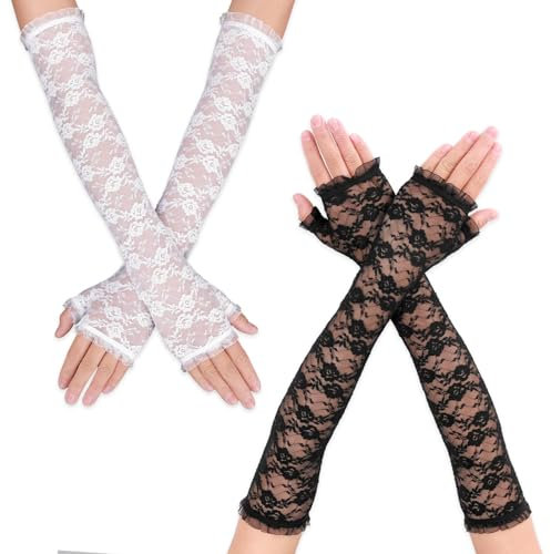 Lusofie 2 Paar Lange Spitzenhandschuhe Schwarz Weiß Fingerlose Handschuhe Spitze Lange für Damen Formelle Braut Ellbogenlänge Abendessen Brauthandschuhe für Hochzeit Oper Teeparty Halloween