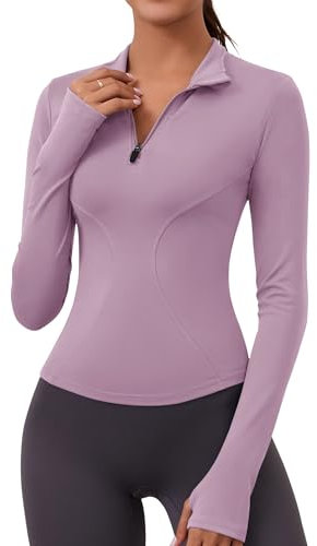 Rapbin Sport Oberteil Damen Gym Top Langarm Sport T-Shirt Atmungsaktiv Sportshirt mit 1/4 Reißverschluss und Daumenloch Lila L