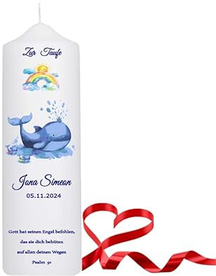 Taufkerze Mädchen oder für Jungen mit Taufspruch, Arche Noah Wal-Fisch 25 cm x 8 cm, personalisierte Kerze, bedruckte Kerze zur Taufe, Stumpenkerze zur Taufe,Wal Taufe