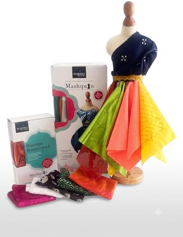 Marisha Mistry Mashquin Fashion Design Kit for Kids | No-Sew Mini Mannequin with Fabrics, Trims & Pins | Rainbow-Kaleidoscope | Ages 5+