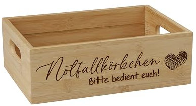 SNEG Notfallkörbchen aus Bambus mit Gravur Motiv #1 – dekorative Notfallbox aus Holz – 24 × 16,5 × 8 cm – Aufbewahrung für Bad & Gäste-WC – Hochzeit, Event, Büro -
