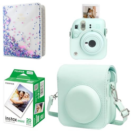 Mini 12 Instant Camera Starter Kit For Fuji Instax Mini 12 Minit Green Includes Mini Instant Film 20 Photos, Matching Colour PU Leather Case for Instax Mini 12 Green & 64 Pocket Mini Photo Book Album