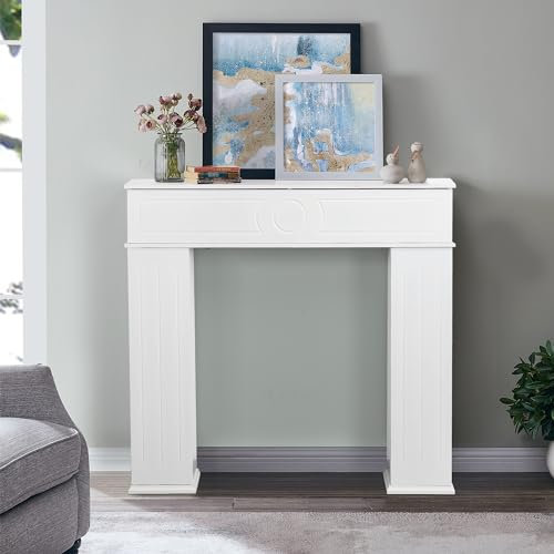 Kaminumrandung mit Stauraum, 107x100 cm, lackierter dreitüriger Kaminschrank, Geheimfach-Kaminkonsole mit 3 Türen, Kamin Umrandungen Konsole, Kaminattrappe Schrank, Kaminrahmen für Wohnzimmer, Weiß