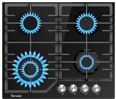 TOPWISH placa de gas butano 4 fuegos, placa gas 4 fuegos con Italia sabaf quemado, NG/LPG convertible, válvulas de seguridad, encendido eléctrico, 8000W, 60cm
