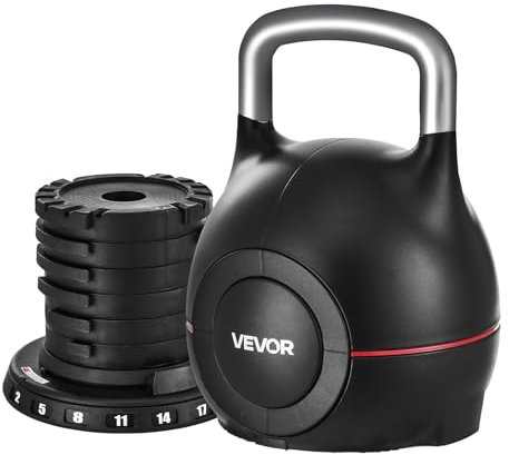 VEVOR Kugelhantel verstellbare Kettlebell mit 7 Gewichtsstufen (2/5/8/11/14/17/20 kg), Schwunghantel aus ABS + Aluminium-Druckguss, für Griffkrafttraining Ganzkörpertraining Cross-Training Schwarz