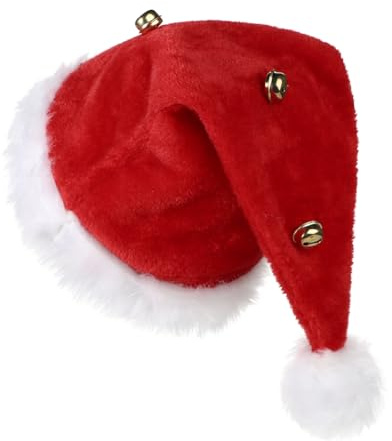 Santa Claus Hat with Bells Plush Luxury Father Christmas Hat Furry Pompom Xmas Cap Elf Santa Claus Costume Accessory for Christmas New Year Holiday Festive Party