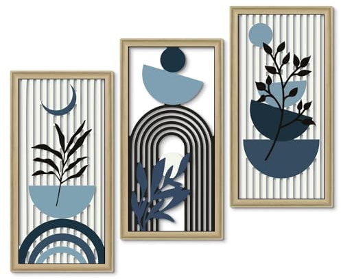 YunBey Set di 3 Decorazioni Murali in Stile Mid-Century Modern | d'Art Abstratti di Piante e Geometrici Incorniciati|Stampa ad Alta Definizione,Cornice in Legno Massiccio per Sala,Camera
