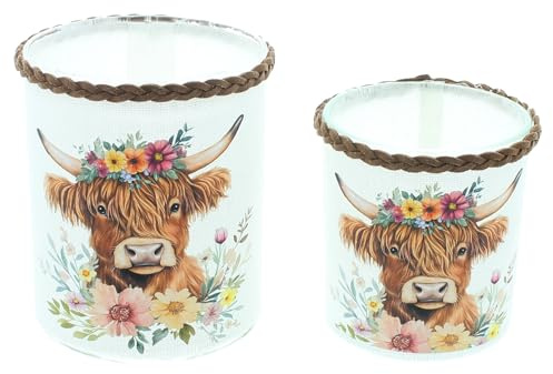 FRANK FLECHTWAREN Windlicht Stier mit Blumenkranz, 2er Set | Glas, Baumwolle, Kunstleder, Ø 7 x 8 cm, Ø 8 x 10 cm, ohne Kerzen