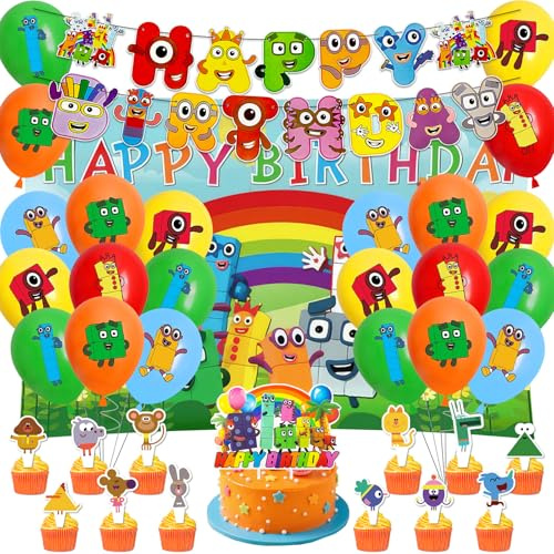 Balloon Number Birthday Decorations for Boys Girls- Blocks Party Decorations with Happy Birthday Banner Ballons Birthday Photography Backdrop Cake Toppers for Blocks Theme Party Supplies Decoration