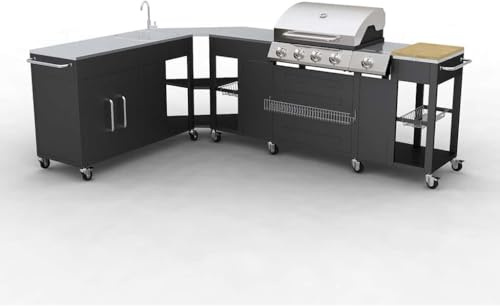 Kaloriko Cuisine extérieure complète Missouri, Barbecue gaz INOX 4 brûleurs 14 KW avec brûleur latéral, évier intégré, Planche à découper, thermomètre, 12 Roues, pour Jardin terrasse Balcon Camping