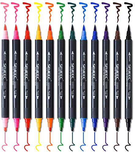 Watercolour Brush Pen Set,SAYEEC 12 Colours Dual Tip Brush Pens with Fineliner Tip Art Marker Soft Flexible Tip Durable Create Watercolor Effect - Best for Adult Coloring Book/Manga/Comic/Calligraphy