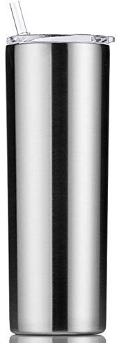Gteller Vaso delgado de acero inoxidable 18/8 de doble pared con popote y tapa, taza de viaje aislada que mantiene la bebida fría y caliente (acero inoxidable, 20 onzas)