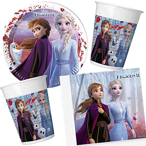 37-TLG. Party-Set * Frozen 2 * mit Teller + Becher + Servietten + Deko | Disney Kindergeburtstag Kinder Geburtstag Party Mottoparty Luftballons Mädchen Eiskönigin ELSA Anna Olaf