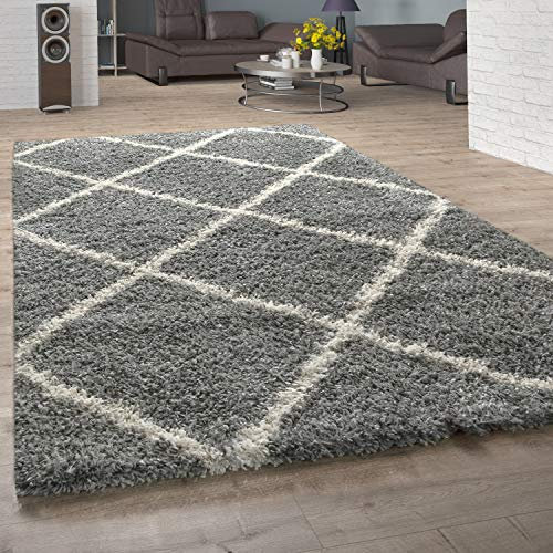 Paco Home Hochflor Teppich Wohnzimmer Shaggy Skandi Modernes Rauten Muster Grau Creme, Grösse:80x150 cm