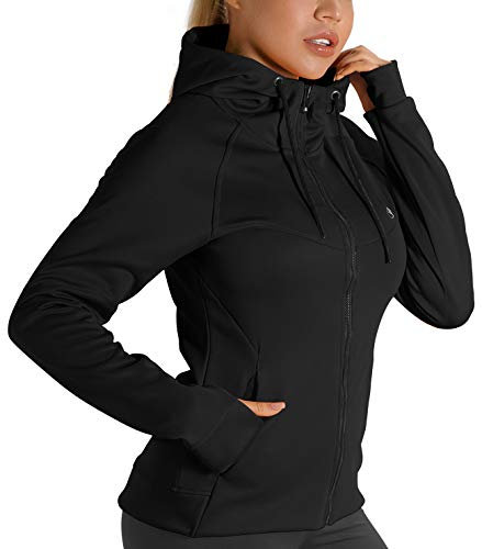 icyzone Damen Sportjacke Laufjacke voll Zip Trainingsjacke mit Kapuze, Fitness Hoodie Langarm Shirt im Winter (XL, Schwarz)