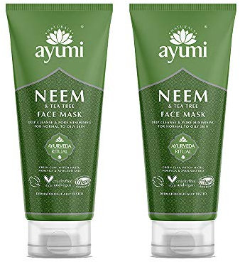 Ayumi Neem & Tea Tree Face Mask | Oil Control Clay Mask for Oily Skin |Green Clay Face Mask for Acne Treatment |Kaolin Clay Mask for Pores |Witch Hazel to Soothe Irritation|Mask for Face care |2x100ml