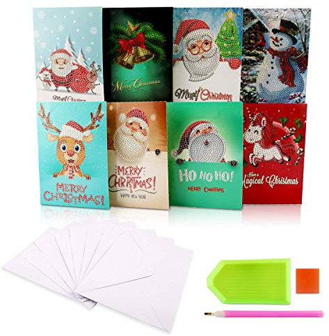 Esportic 5D DIY Diamantmalerei, Grußkarten, personalisiert, Weihnachtskarten, Weihnachtskarten, Weihnachtskarten, Postkarte, mit Umschlägen, für Weihnachten, Familie, Geschenk, Erntedankfest, 8 Stück