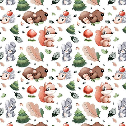 Pingianer 100x160cm Tiere Wald 100% Baumwolle Baumwollstoff Kinder Meterware Handwerken Nähen Stoff (Bär Hase Eichhörnchen Igel Pilz, 100x160cm)