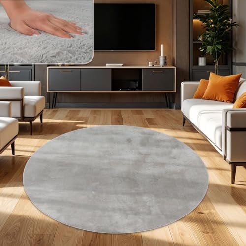 TT Home Wohnzimmer Teppich Hochflor Langflor Kunstfell Weich Modern Unifarben Flauschig, Farbe: Grau, Größe:200 cm Rund