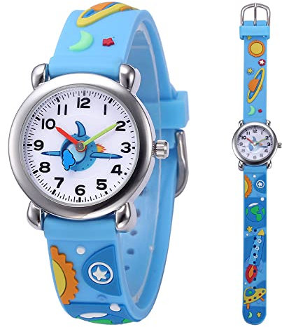 Mamiddle Mädchen und Jungen Analog Quarz Uhr mit Cartoon Design 30M wasserdichte Silikon/Nylon Armband Japanischen Quarzwerk Lern Armbanduhr für Kinder 3-10 Jahre (Silikon - Universum Blau)