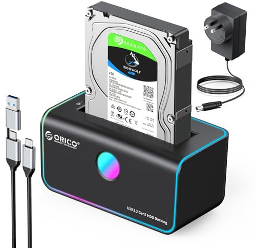 ORICO RGB Festplatten Dockingstation, USB 3.2 Gen 2 Zu SATA Festplattengehäuse für 2,5/3,5 Zoll SSD/HDD Max 18 TB mit Netzteil