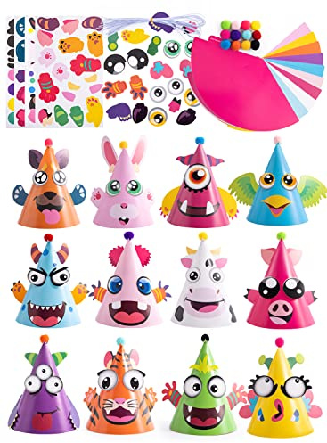 JOYIN 12 Sets Party Hats for Kids Birthday Party Games Craft Activities, Cute Animal Theme Birthday Hats Activity Kits with Stickers for Kids Holiday Theme Party Favors