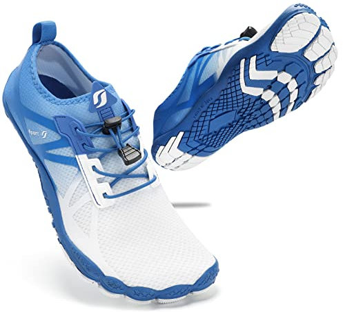 STQ Herren Badeschuhe Slip on Barfusschuhe Mesh Atmungsaktiv Strandschuhe Beach Wasserschuhe Auqaschuhe Outdoor Fitnessschuhe Leicht rutschfest Traillaufschuhe Blau Weiß 43 EU