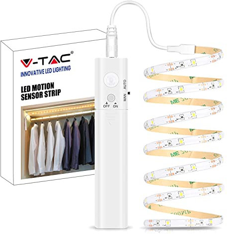 V-TAC Ruban LED pour Armoire avec Détecteur de Mouvement et Bouton ON OFF - Bande Lumineuse à LED de 1 mètre pour éclairer Placards, Meubles, Lits, Escaliers, Cuisine - Alimentée Piles AAA