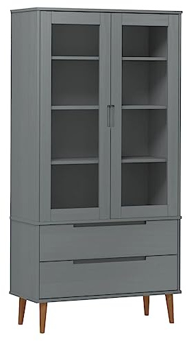 vidaXL Vitrinenschrank, Vitrine mit 2 Schubladen 4 Fächern, Bücherregal mit UV-Lackierung, Bücherschrank Schrank Büroschrank, Grau Massivholz Kiefer