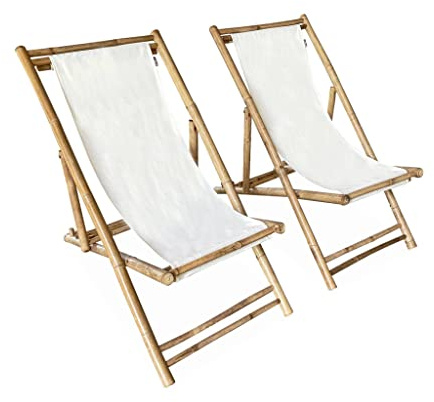 Alice's Garden - 2er-Set Bambus-Liegestühle - naturfarbener Stoff aus Polyester und Baumwolle, Davao L 110 x T 60 x H 94 cm
