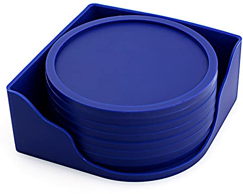 10cm/3.94inch Coasters Set Round Silicone Rubber Coaster Cup Pad Mat Anti-scald Non-Slip for Home/Bar Coffee Tea Drink Use Insulate&protect furniture Coffee Beer Mug WineGlass Bottle (Dark Blue, 8)