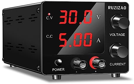 RUZIZAO Alimentatore da Banco 30V 5A, Alimentatore da Laboratorio Regolato con Manopola Encoder e LED Display a 3 Cifre, Mini Alimentatore Banco Regolabile, Alimentazione DC Regolabile da Banco